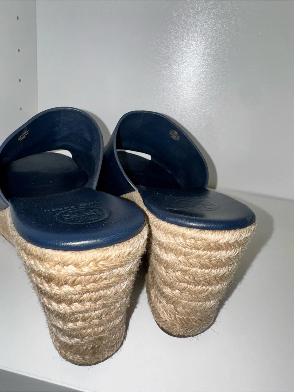 Tory Burch Landon Navy Leather Espadrille Wedge Slide Sandals Size 9